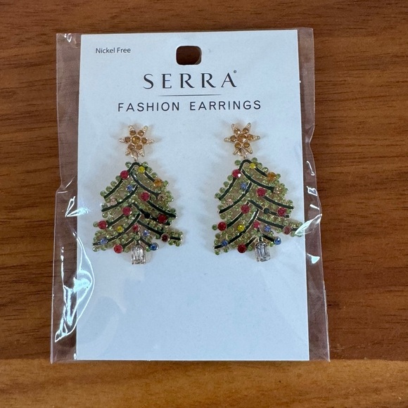 NEW Serra Christmas Tree Fashion Earrings Crystal Gold Dangle Nickle Free - Picture 1 of 2